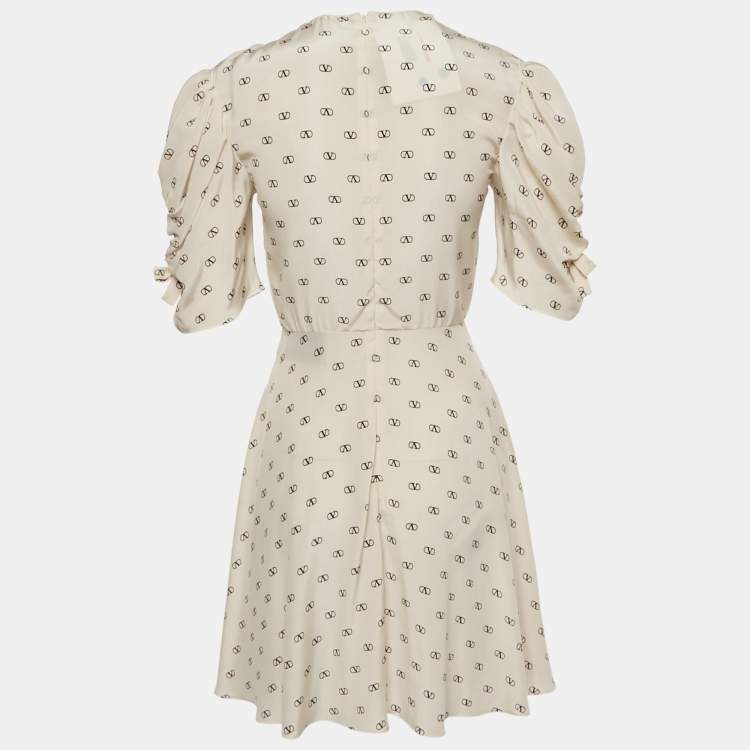 Pre Owned Valentino Cream Logo Print Silk Gathered Sleeve Mini Dress S
