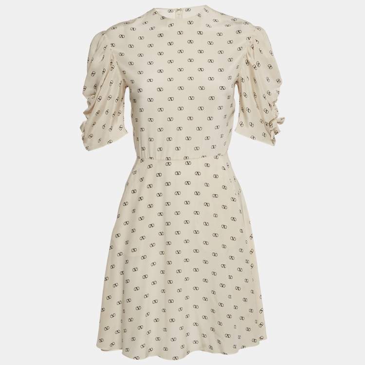 Pre Owned Valentino Cream Logo Print Silk Gathered Sleeve Mini Dress S