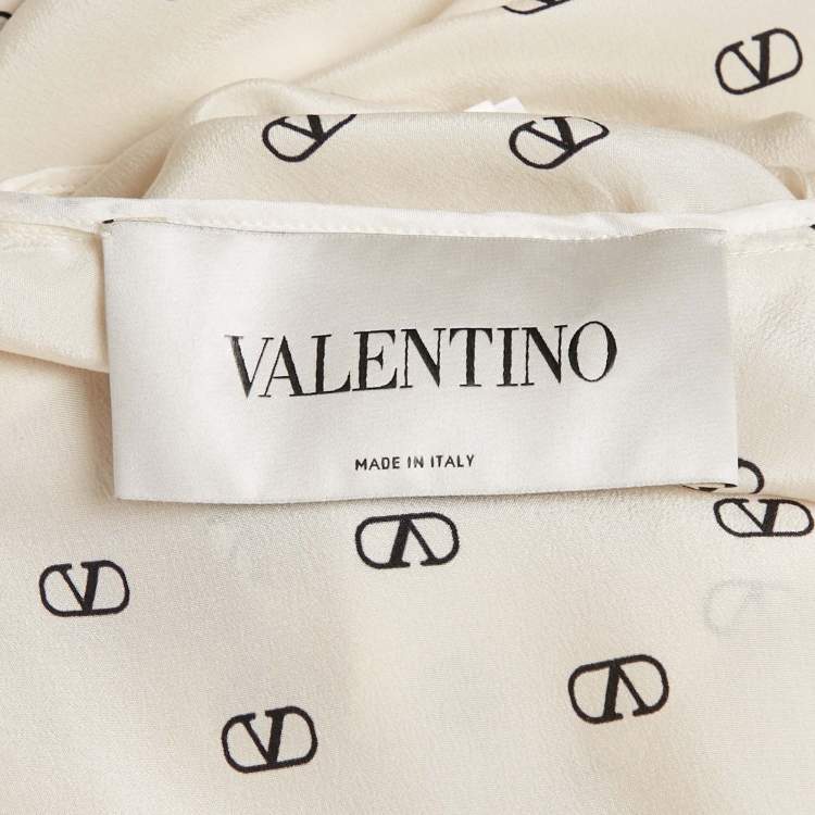 Pre Owned Valentino Cream Logo Print Silk Gathered Sleeve Mini Dress S
