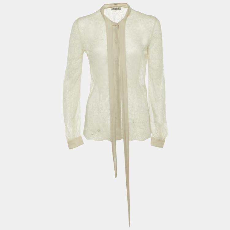 Pre Owned Valentino Pale Grey Lace Neck Tie Sheer Blouse S 