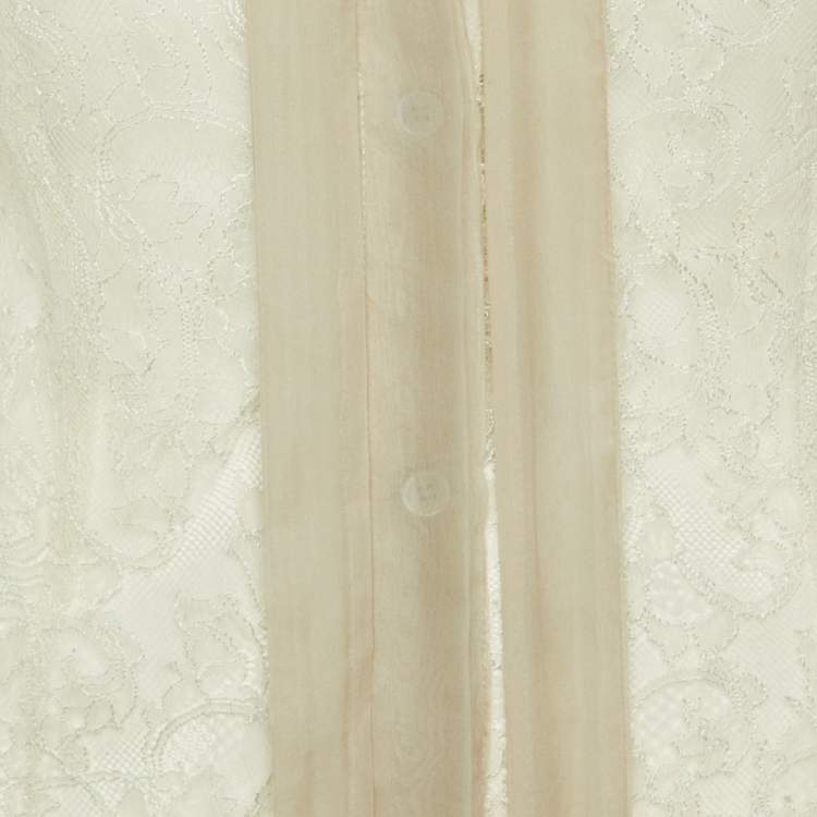 Pre Owned Valentino Pale Grey Lace Neck Tie Sheer Blouse S 