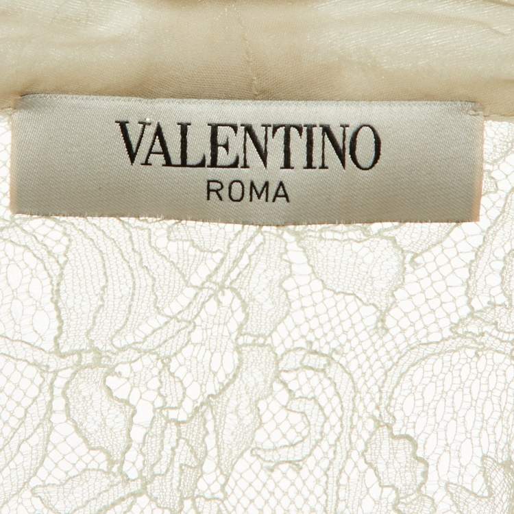 Pre Owned Valentino Pale Grey Lace Neck Tie Sheer Blouse S 