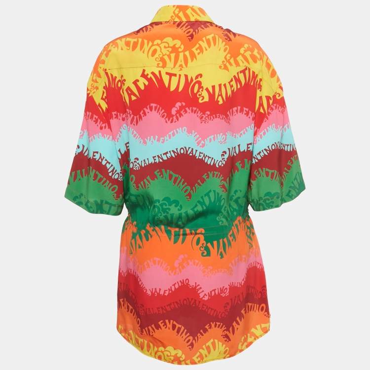 Pre Owned Valentino Multicolor Wave Logo Print Silk Belted Shirt Dress S