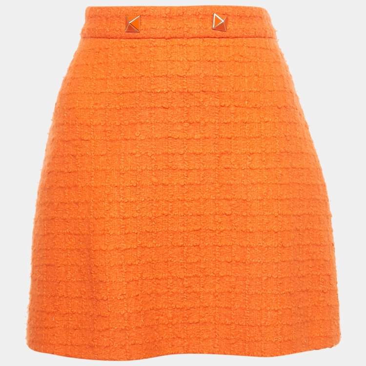 Pre Owned Valentino Orange Embellished Tweed Open Front Jacket & Skirt Set S/M 
