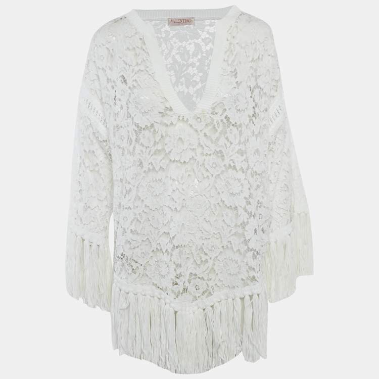 Pre Owned Valentino White Lace Fringed Loose Fit Mini Dress M