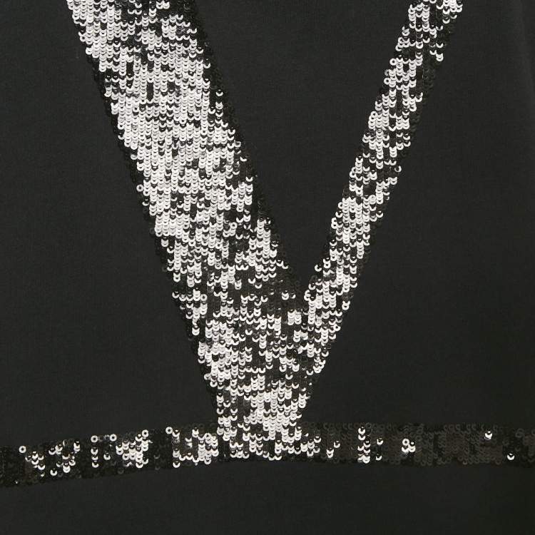 Pre Owned Valentino Black Cotton VLogo Sequence Embellished Crew Neck T-Shirt M 