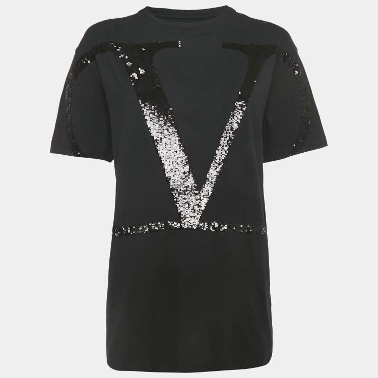 Pre Owned Valentino Black Cotton VLogo Sequence Embellished Crew Neck T-Shirt M 