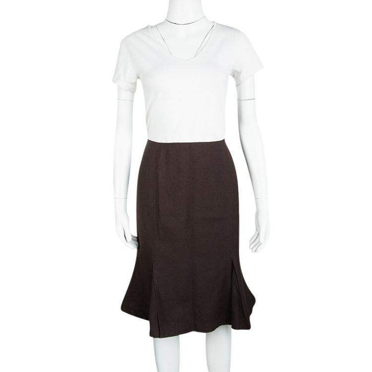 Pre Owned Valentino Brown Wool High Waist Inverted Pleat Skirt L