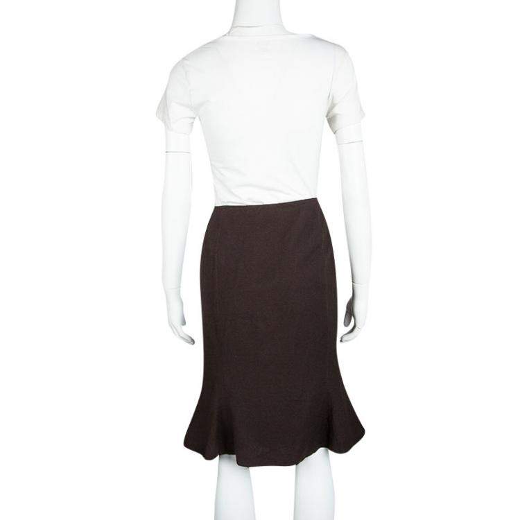 Pre Owned Valentino Brown Wool High Waist Inverted Pleat Skirt L