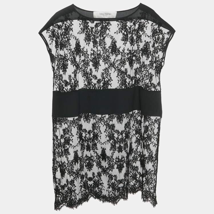 Pre Owned Valentino Black Sheer Silk Lace Mini Dress S