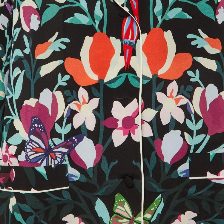 Pre Owned Valentino Black Floral print Silk Feather Trim Shirt XL