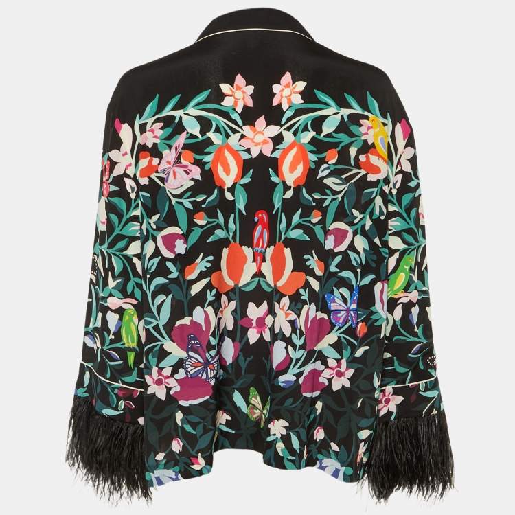 Pre Owned Valentino Black Floral print Silk Feather Trim Shirt XL