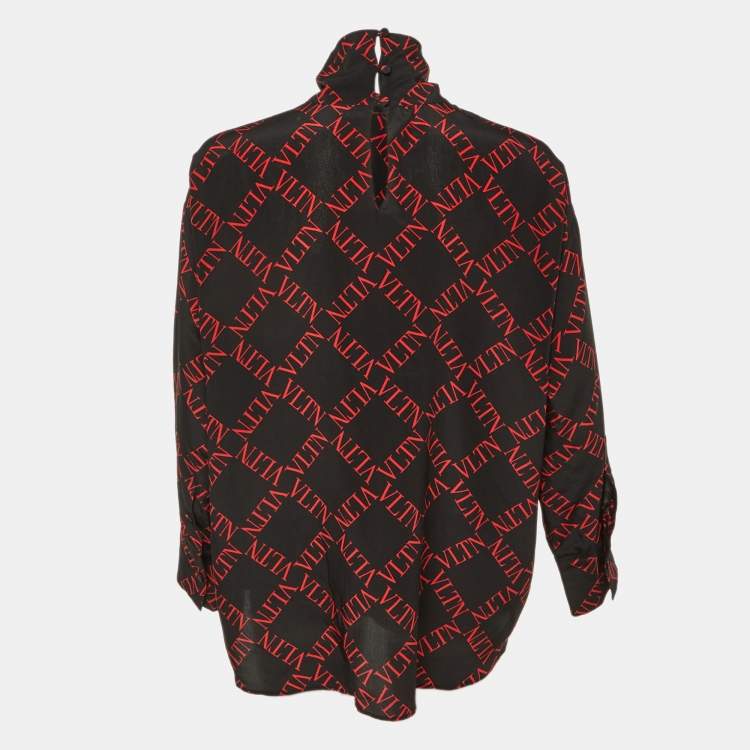 Pre Owned Valentino Black/Red VLTN Print Silk Blend Tie-Up Neck Detail Blouse L