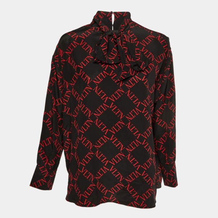 Pre Owned Valentino Black/Red VLTN Print Silk Blend Tie-Up Neck Detail Blouse L