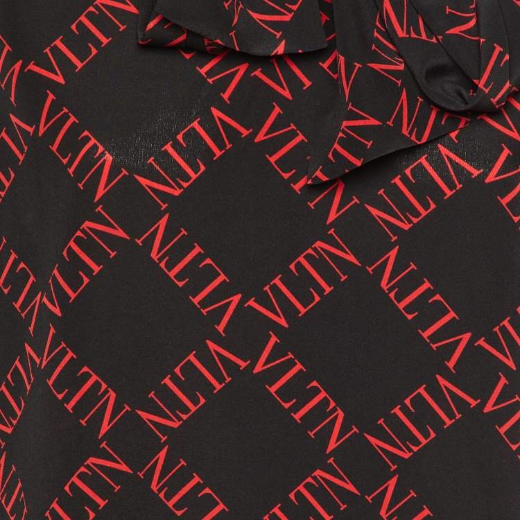 Pre Owned Valentino Black/Red VLTN Print Silk Blend Tie-Up Neck Detail Blouse L