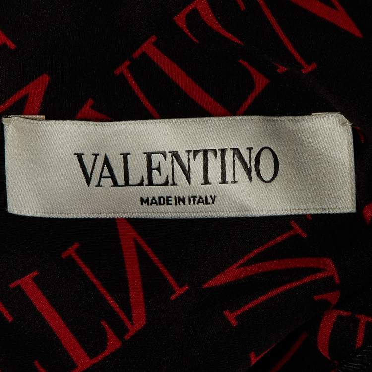 Pre Owned Valentino Black/Red VLTN Print Silk Blend Tie-Up Neck Detail Blouse L