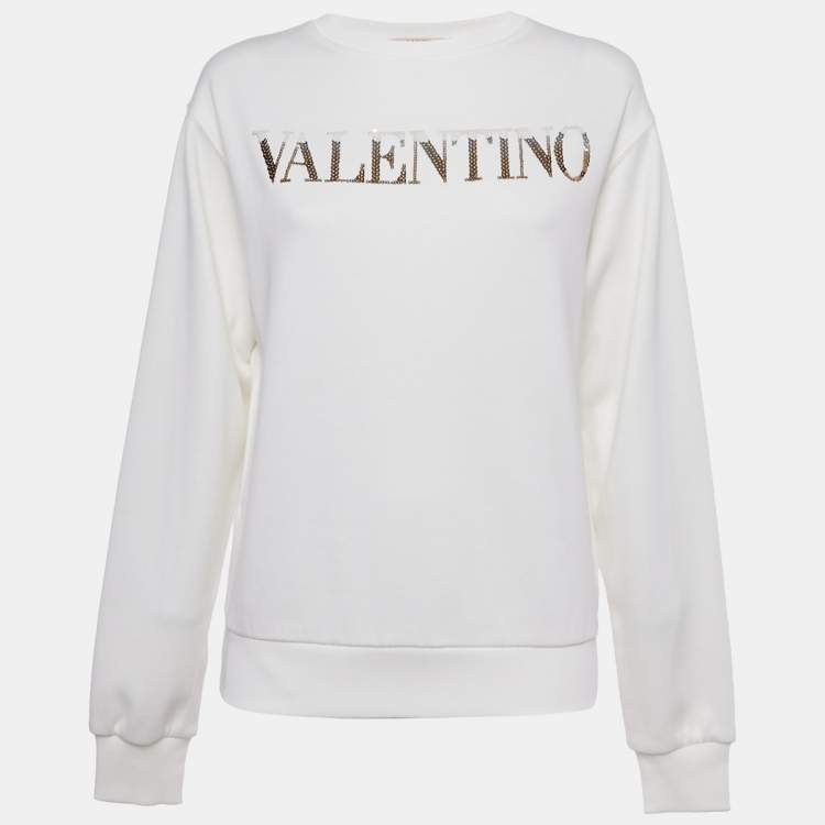 Pre Owned Valentino Off White Sequin Logo Cotton Sweatshirt M