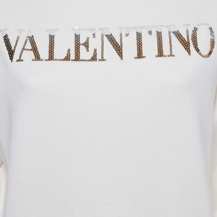 Pre Owned Valentino Off White Sequin Logo Cotton Sweatshirt M
