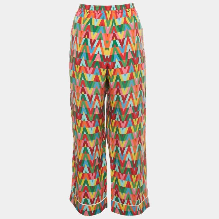 Pre Owned Valentino Multicolor V-Optical Print Silk Drawstring Trousers L 