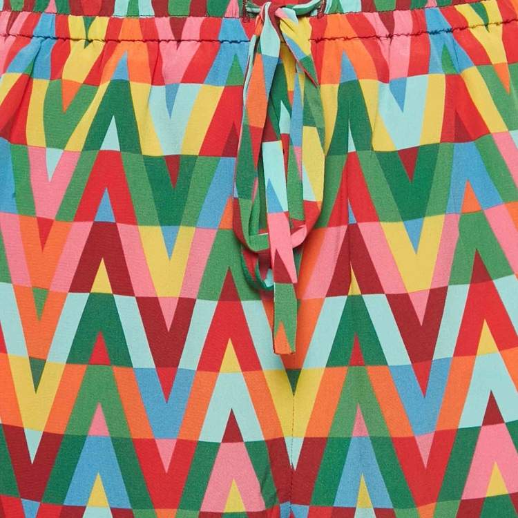 Pre Owned Valentino Multicolor V-Optical Print Silk Drawstring Trousers L 
