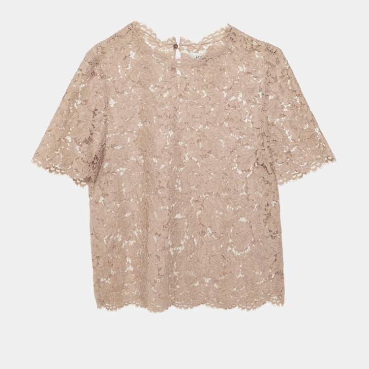 Pre Owned Valentino Pink Floral Lace Scalloped Top M