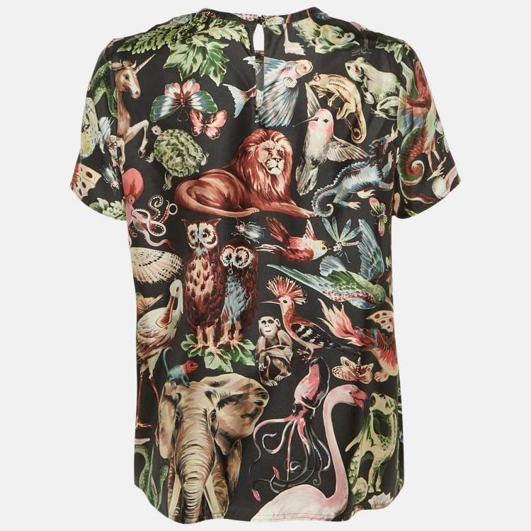Pre Owned Valentino Black Animal Fantasy Print Silk Top S 