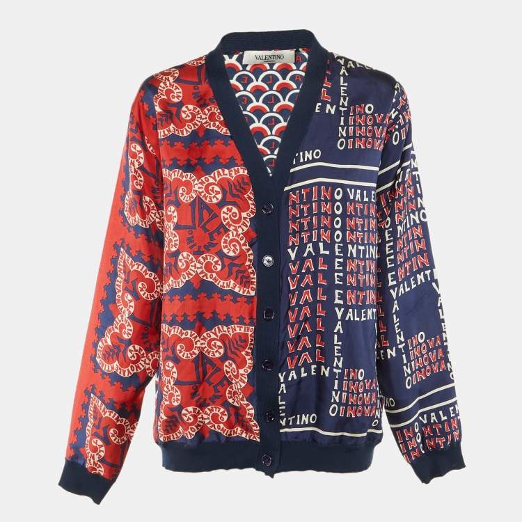 Pre Owned Valentino Navy Blue Printed Silk & Wool Cardigan L