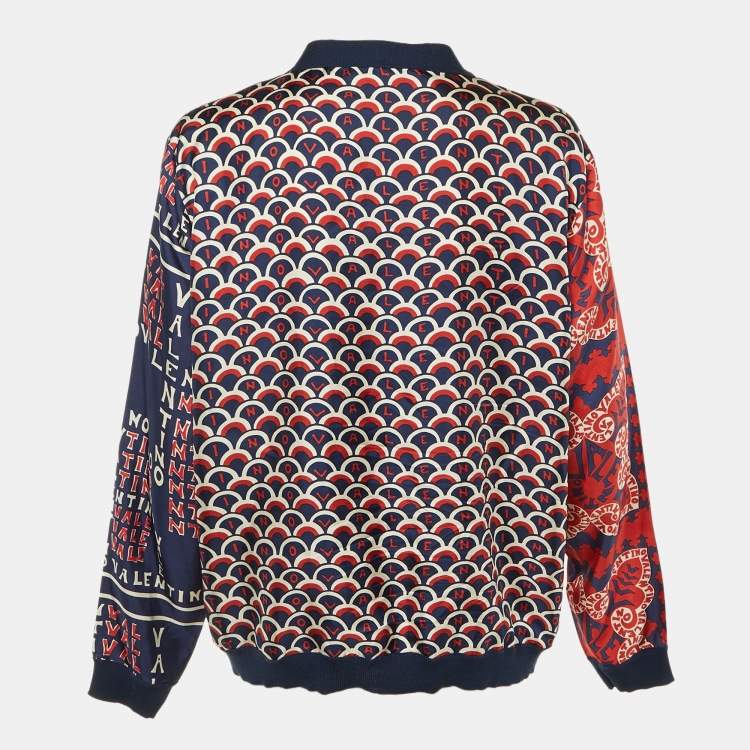 Pre Owned Valentino Navy Blue Printed Silk & Wool Cardigan L