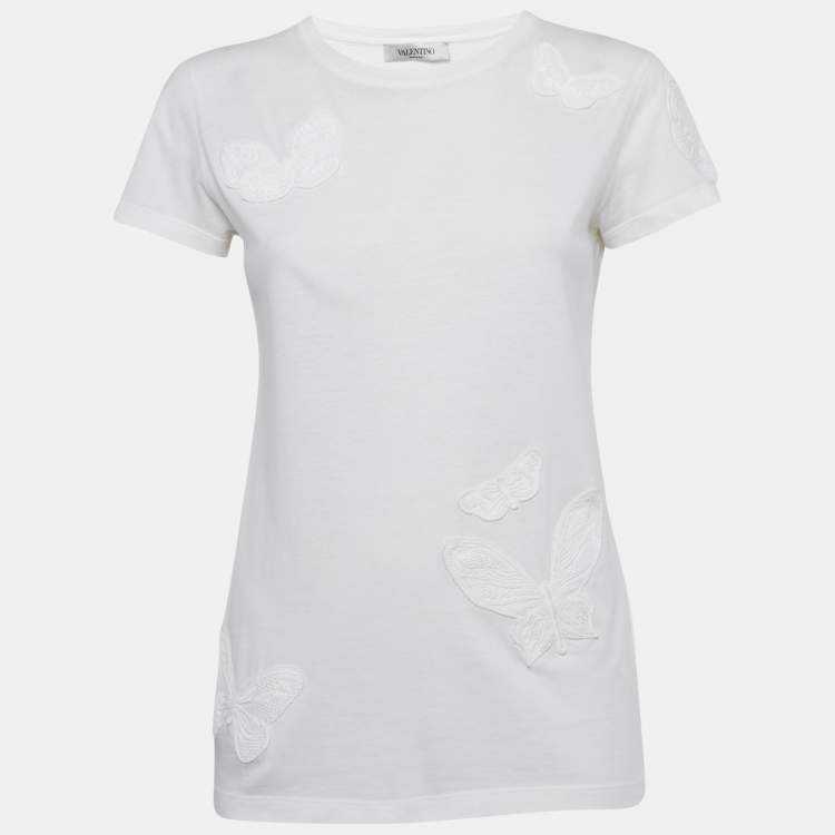 مملوكة مسبقًا Valentino White Butterfly Applique Jersey T-Shirt S