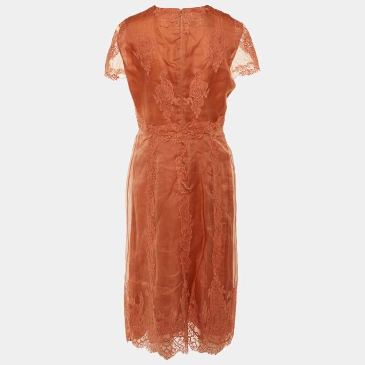 Pre Owned Valentino Orange Lace & Organza Midi Dress M