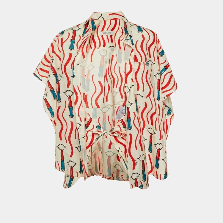 Pre Owned Valentino White Lipstick Print Cotton Tie Front Open Top M