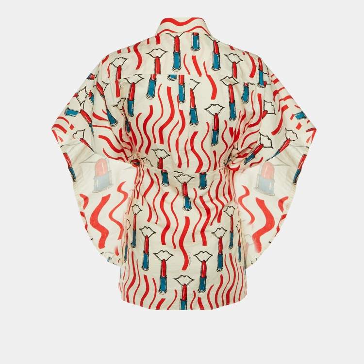 Pre Owned Valentino White Lipstick Print Cotton Tie Front Open Top M