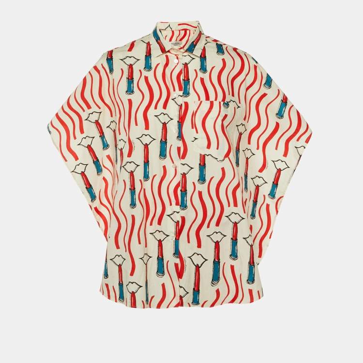 Pre Owned Valentino White Lipstick Print Cotton Tie Front Open Top M