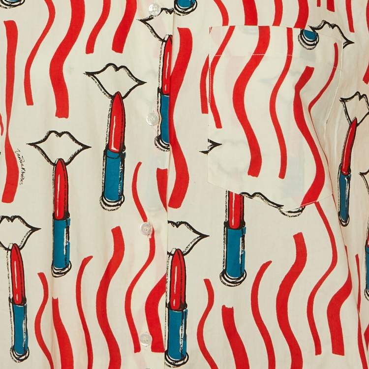 Pre Owned Valentino White Lipstick Print Cotton Tie Front Open Top M