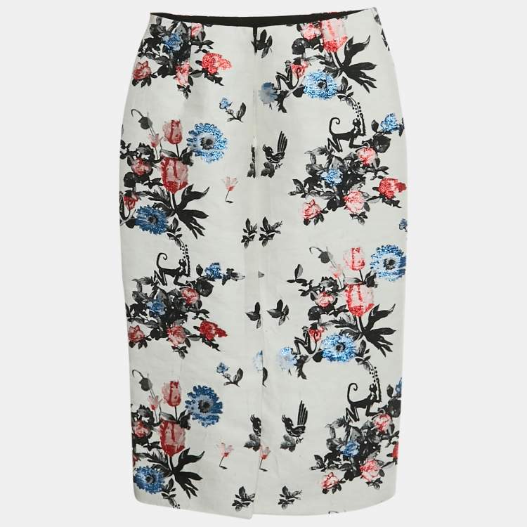 Pre Owned Valentino White Floral Jacquard Pencil Skirt S 