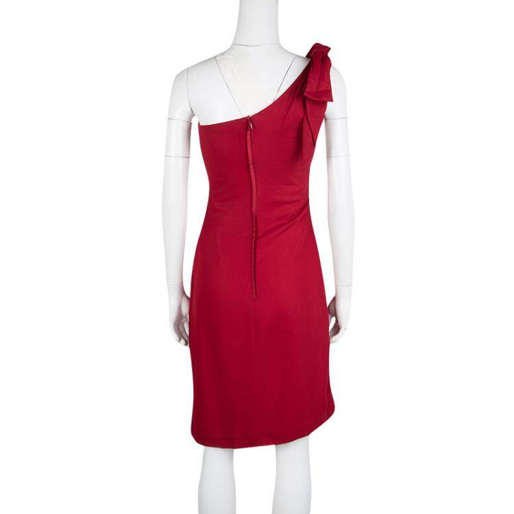 Pre Owned Valentino Red Bow Detail One Shoulder Dress M