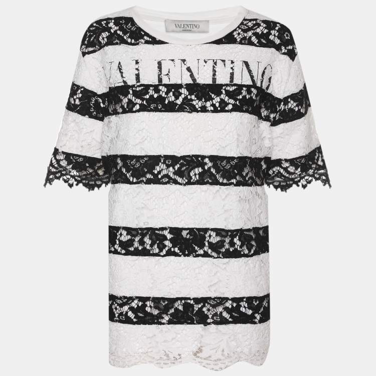 Pre Owned Valentino White/Black Lace and Jersey Logo Tops XL