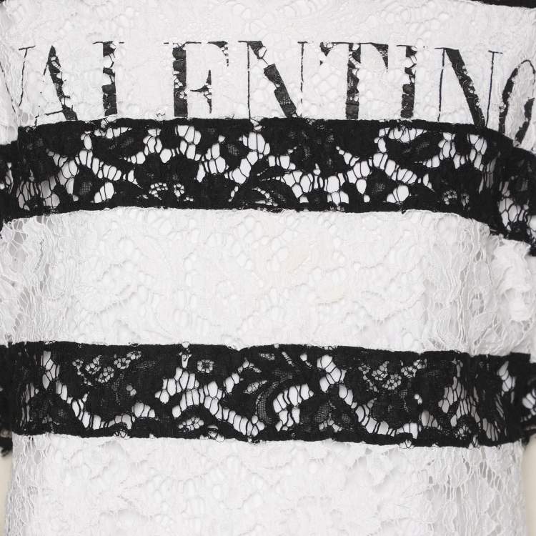 Pre Owned Valentino White/Black Lace and Jersey Logo Tops XL