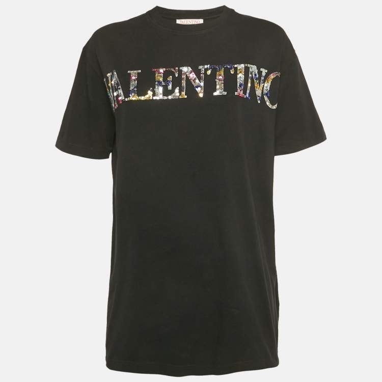 Pre Owned Valentino Black Sequined Cotton Half Sleeve T-Shirt M