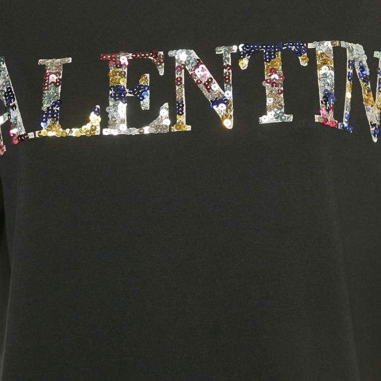 Pre Owned Valentino Black Sequined Cotton Half Sleeve T-Shirt M