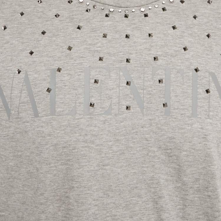 Pre Owned Valentino Grey Logo Printed Cotton nit Embellished Detail T-Shirt L