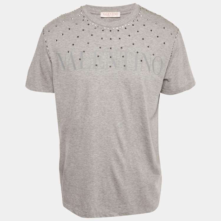 Pre Owned Valentino Grey Logo Printed Cotton nit Embellished Detail T-Shirt L