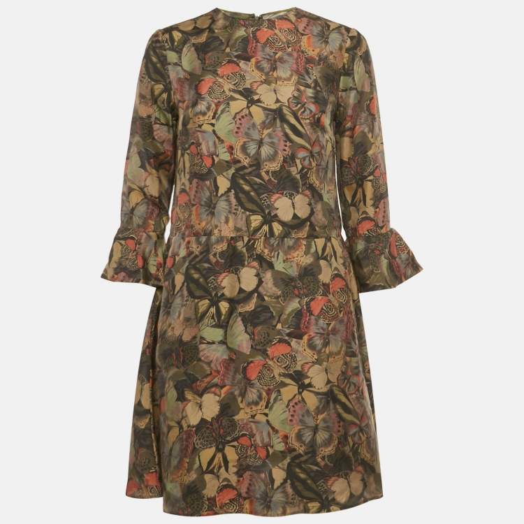 Pre Owned Valentino Black Green Butterfly Print Silk Mini Dress M