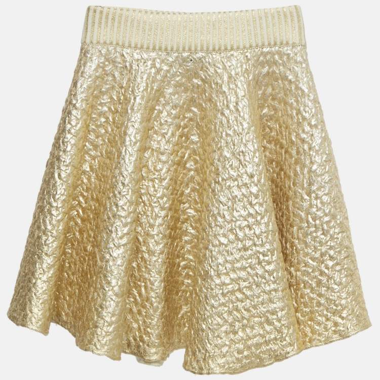Pre Owned Valentino Gold Metallic Coated Knit Mini Skirt XS