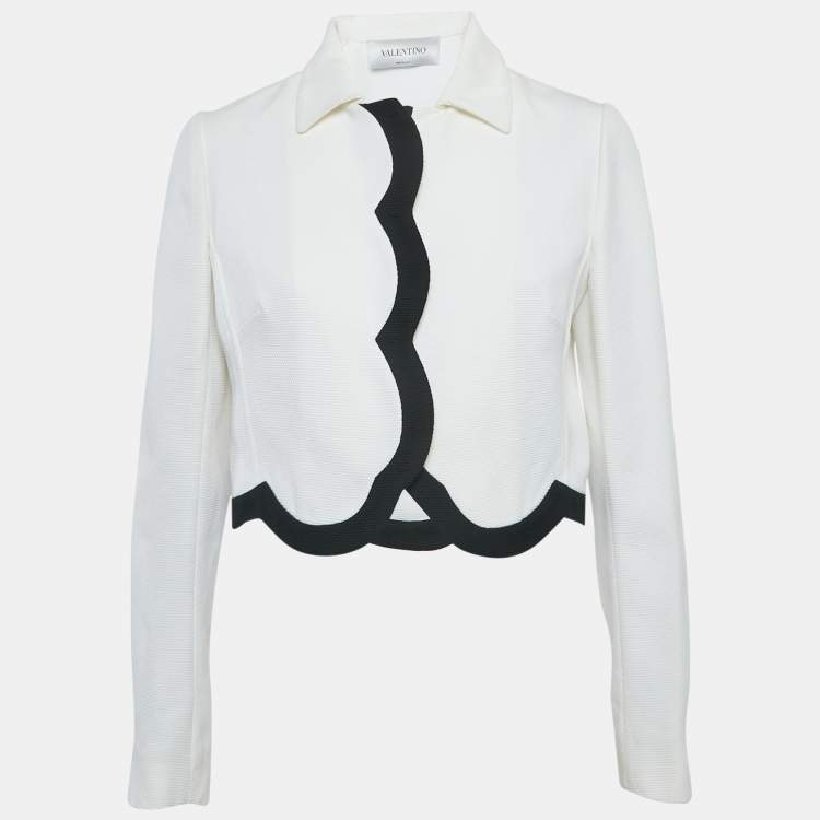 Pre Owned Valentino White Waffle Knit Scallop Jacket M
