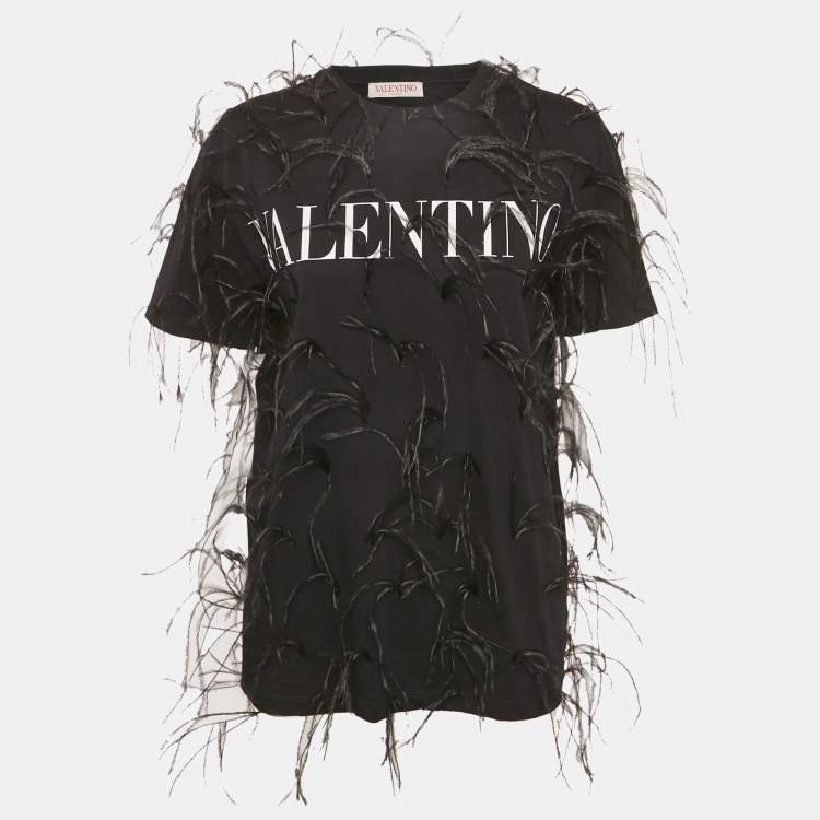 Pre Owned Valentino Black Logo Print Jersey Feather Trim T-Shirt S