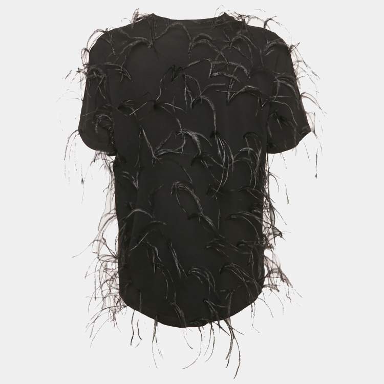 Pre Owned Valentino Black Logo Print Jersey Feather Trim T-Shirt S