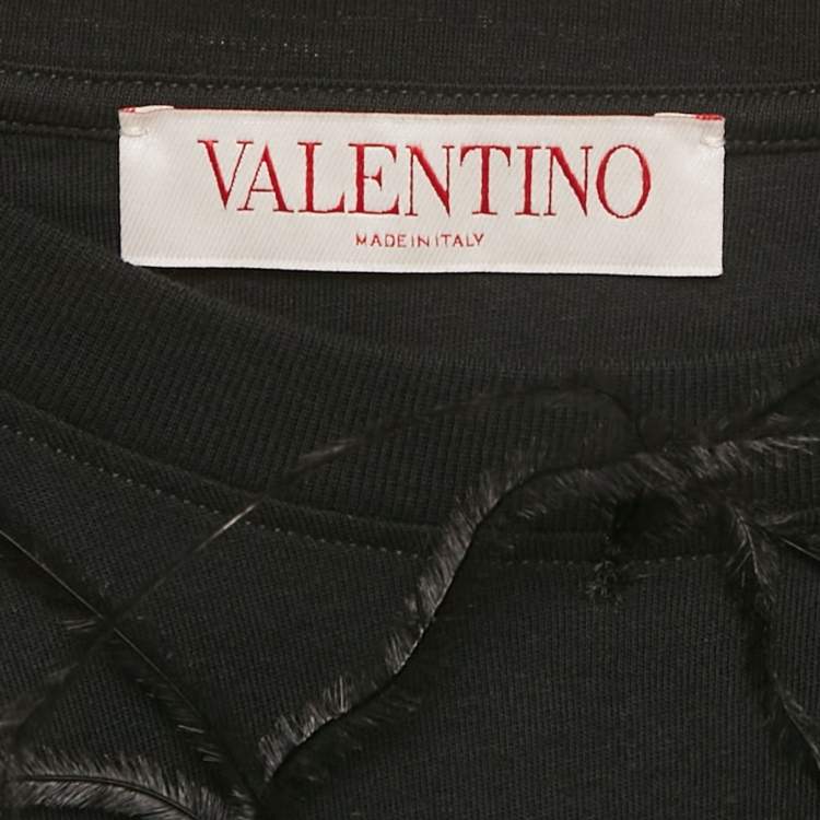 Pre Owned Valentino Black Logo Print Jersey Feather Trim T-Shirt S