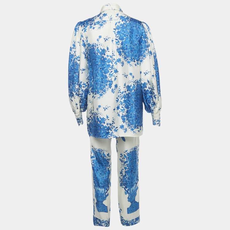 Pre Owned Valentino Blue/White Floral Print Silk Blouse and Pants Set S