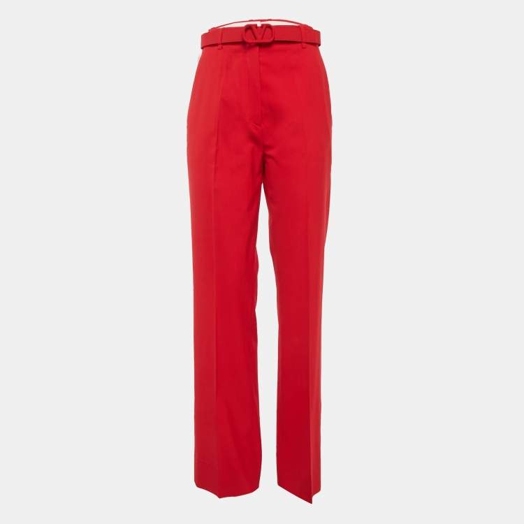Pre Owned Valentino Red Crepe Belted High Rise Trouser M